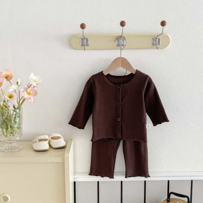 Baby Solid Color Button Front Top and Pants 2-piece Set - Brown - 1-2T - image 3