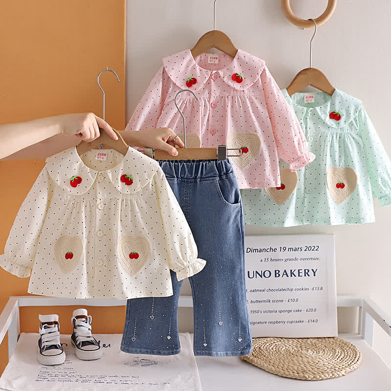 Toddler Baby Girl Polka Dot Long Sleeve Top and Denim Pants 2-piece Set - image 1