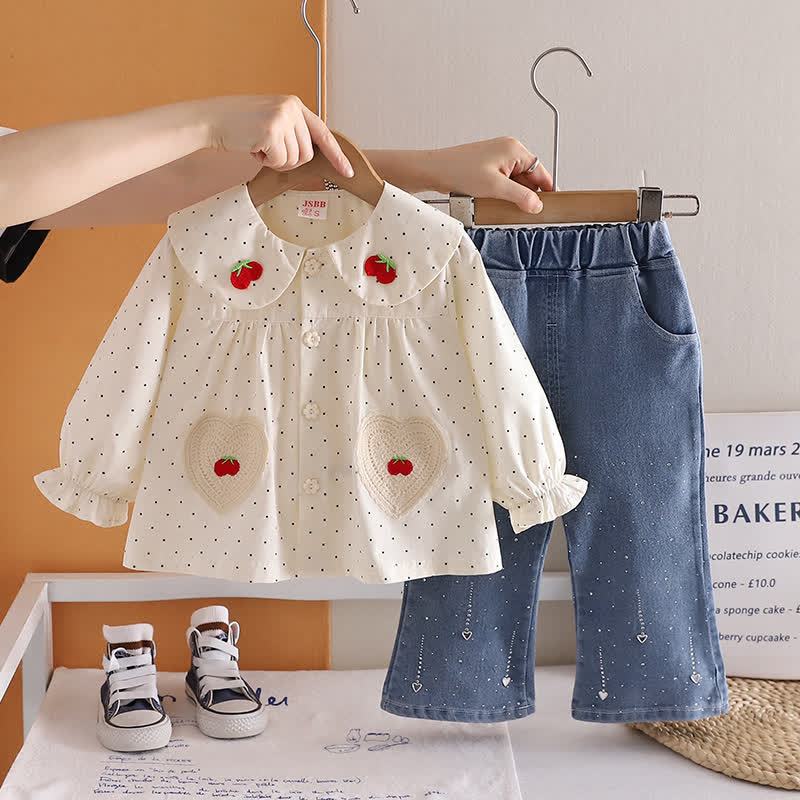 Toddler Baby Girl Polka Dot Long Sleeve Top and Denim Pants 2-piece Set - Beige - 4-5T - image 2