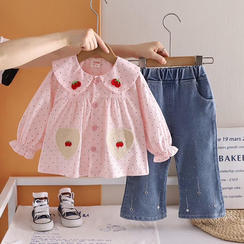 Toddler Baby Girl Polka Dot Long Sleeve Top and Denim Pants 2-piece Set - Pink - 4-5T - image 3