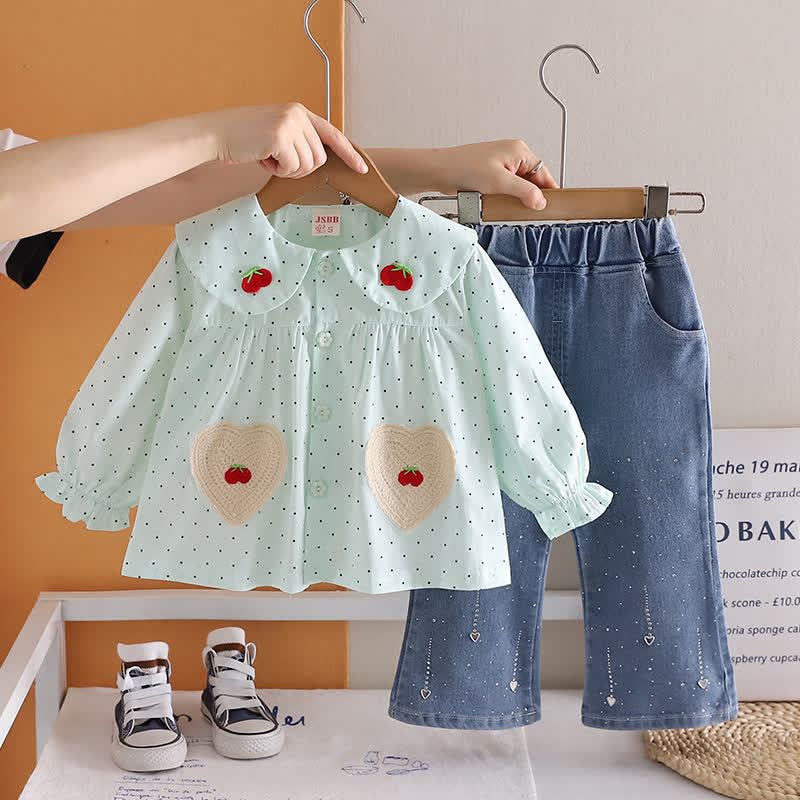 Toddler Baby Girl Polka Dot Long Sleeve Top and Denim Pants 2-piece Set - Green - 4-5T - image 4