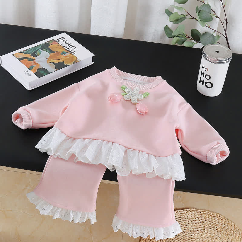 Toddler Girl Tulip Long Sleeve Lace Top and Pants 2-piece Set - Pink - 4-5T - image 2