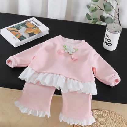 Toddler Girl Tulip Long Sleeve Lace Top and Pants 2-piece Set - Pink - 4-5T - image 2