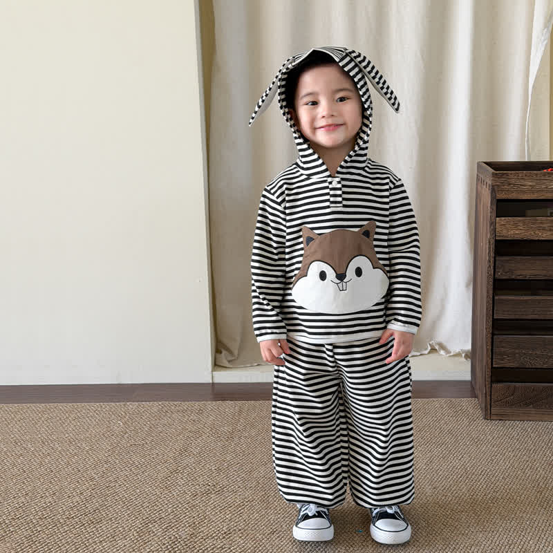 Baby Toddler Striped Squirrel Ear Hoodie and Pants 2-piece Set - Black - 3-4T - image 2