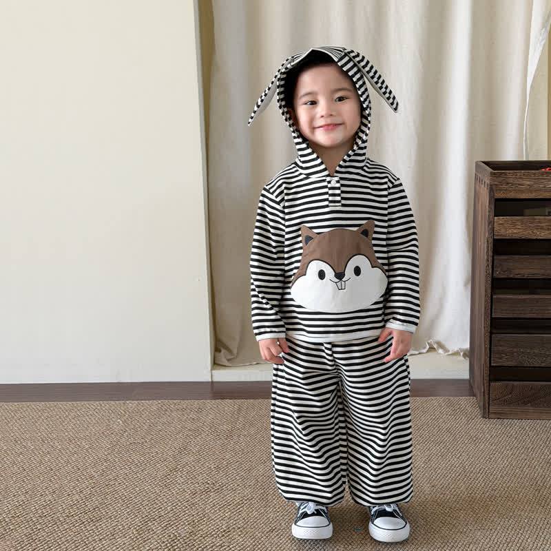 Baby Toddler Striped Squirrel Ear Hoodie and Pants 2-piece Set - Black - 3-4T - image 2