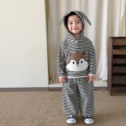 Baby Toddler Striped Squirrel Ear Hoodie and Pants 2-piece Set - Black - 3-4T - image 2