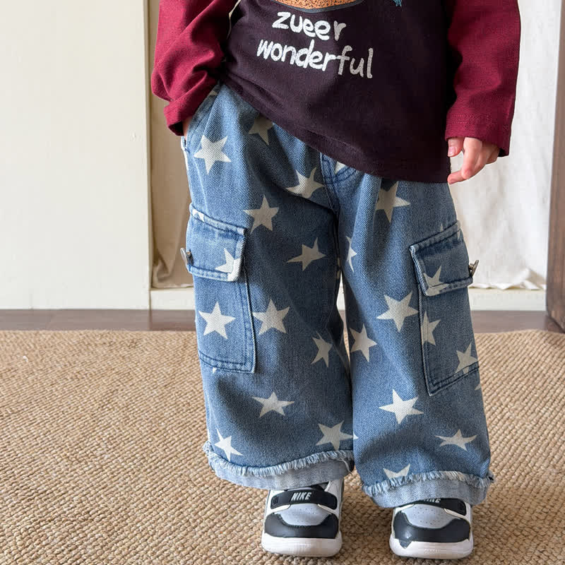 Baby Toddler Star Print Cargo Denim Pants - Blue - 3-4T - image 2