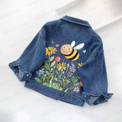 Toddler Kid Watercolor Cute Bee Wildflower Garden Print Denim Jacket - image 3