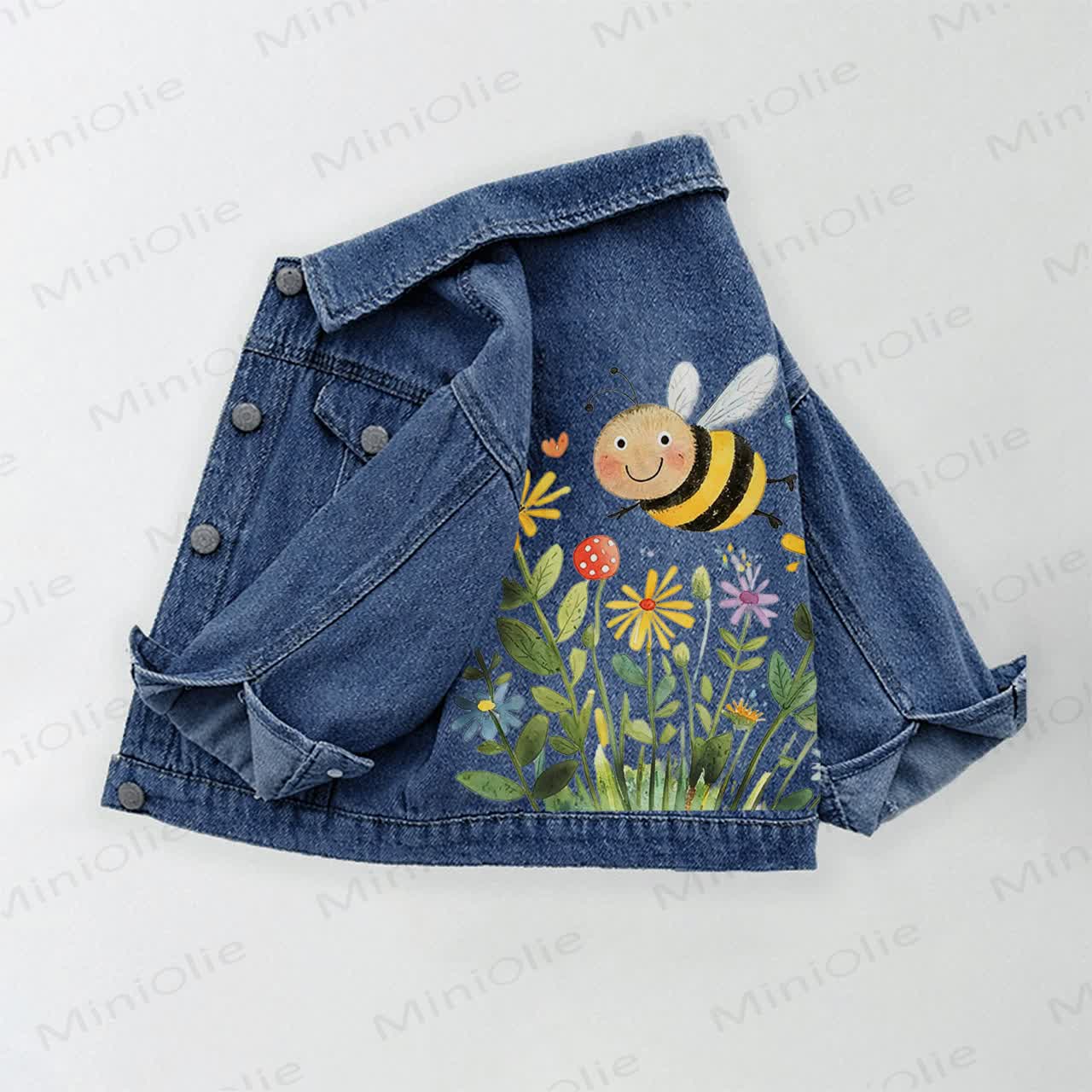 Toddler Kid Watercolor Cute Bee Wildflower Garden Print Denim Jacket - Blue - 10-11T - image 1