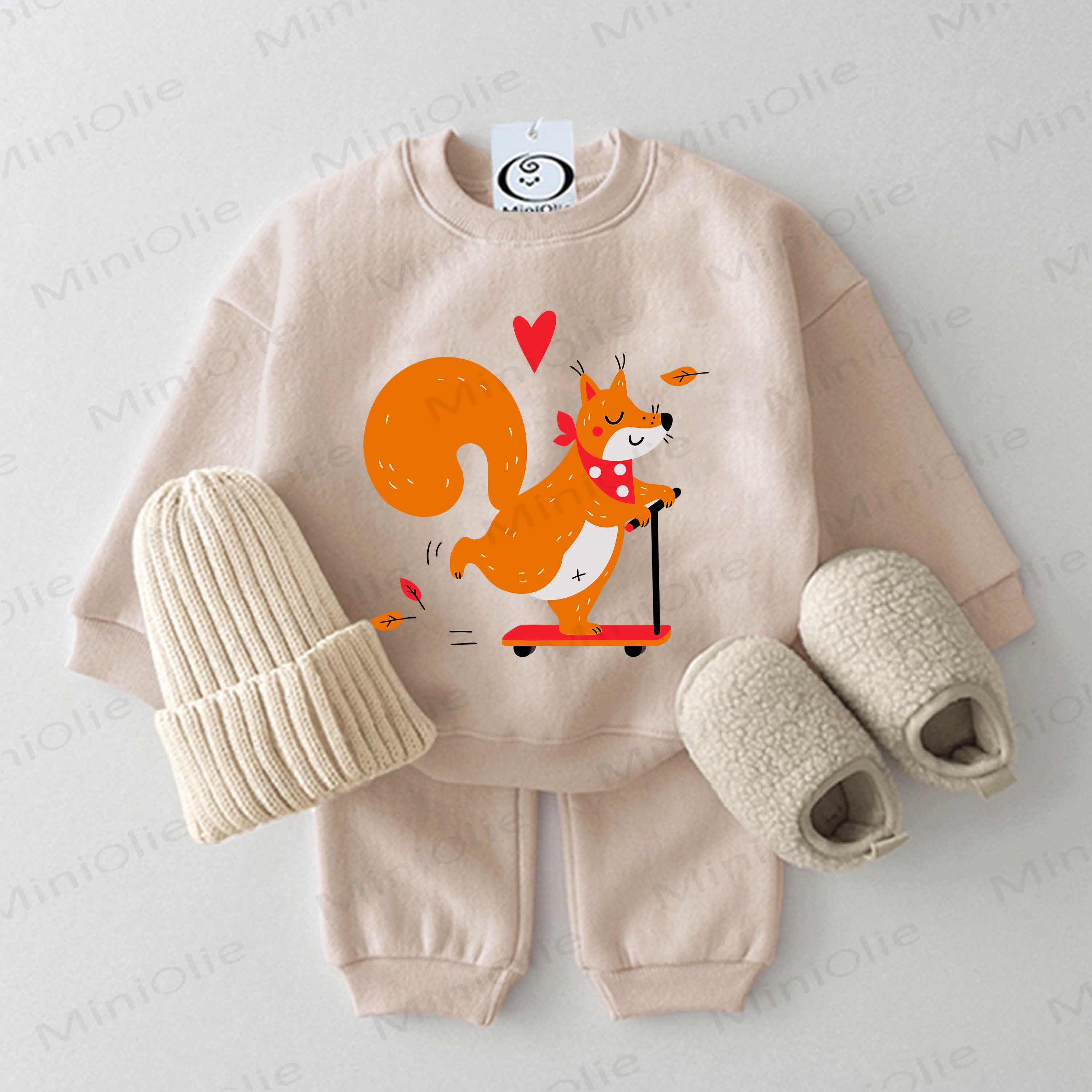 Baby Squirrel Scooter Print 2-piece Beige Set - Beige - 2-3T - image 1