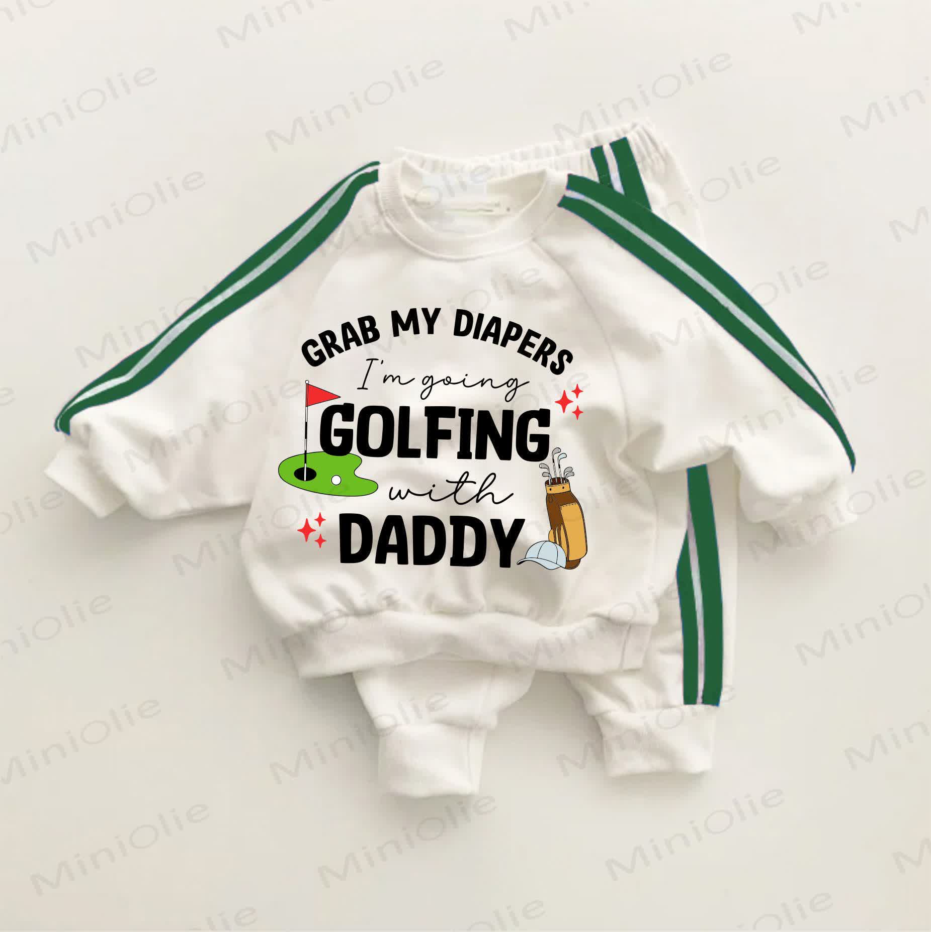 GRAB MY DIAPERS I'M GOING GOLFING WITH DADDY Baby Toddler Green Striped 2-piece Set - White&Green - 3-5T - image 1
