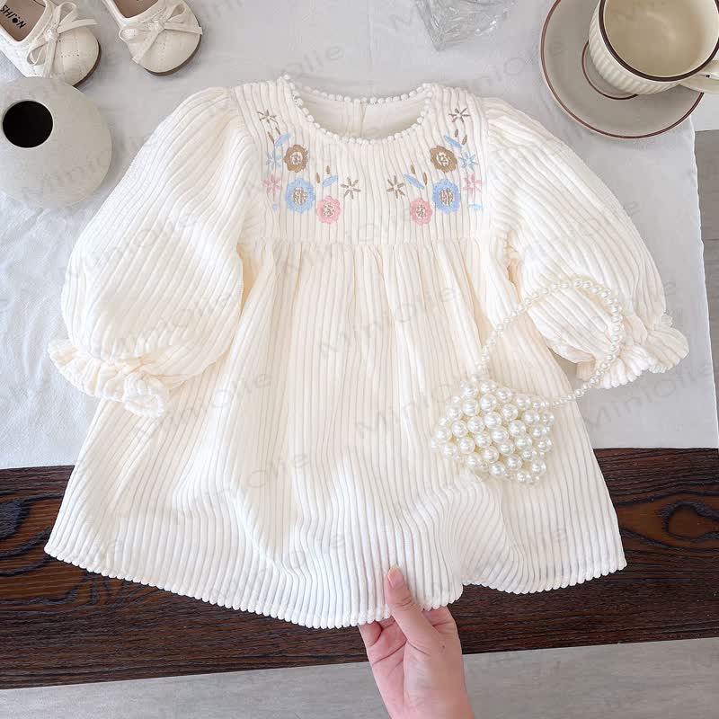 Baby Floral Embroidered Puff Sleeve Dress - White - 3-4T - image 1