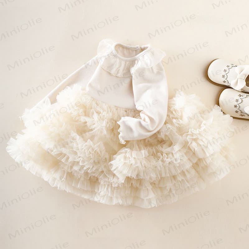 Baby Girl Ruffle Collar Layered Tulle Dress - Beige - 3-4T - image 2