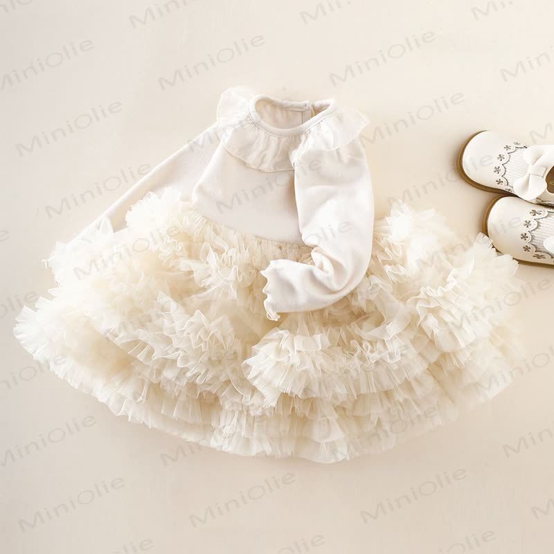 Baby Girl Ruffle Collar Layered Tulle Dress - Beige - 3-4T - image 2