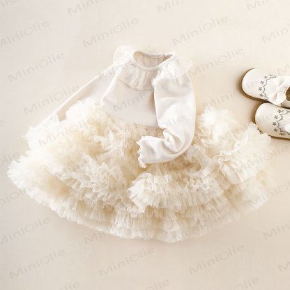 Baby Girl Ruffle Collar Layered Tulle Dress - Beige - 3-4T - image 2