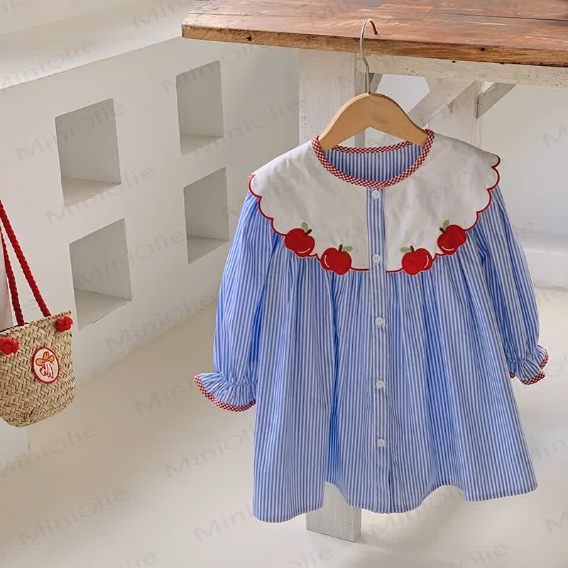 Toddler Girl Blue Stripe Apple Collar Long Sleeve Dress - image 2
