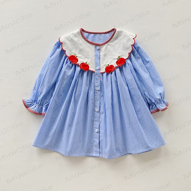 Toddler Girl Blue Stripe Apple Collar Long Sleeve Dress - Blue - 8-9T - image 1