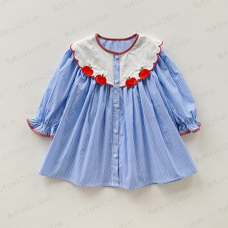 Toddler Girl Blue Stripe Apple Collar Long Sleeve Dress - Blue - 8-9T - image 1