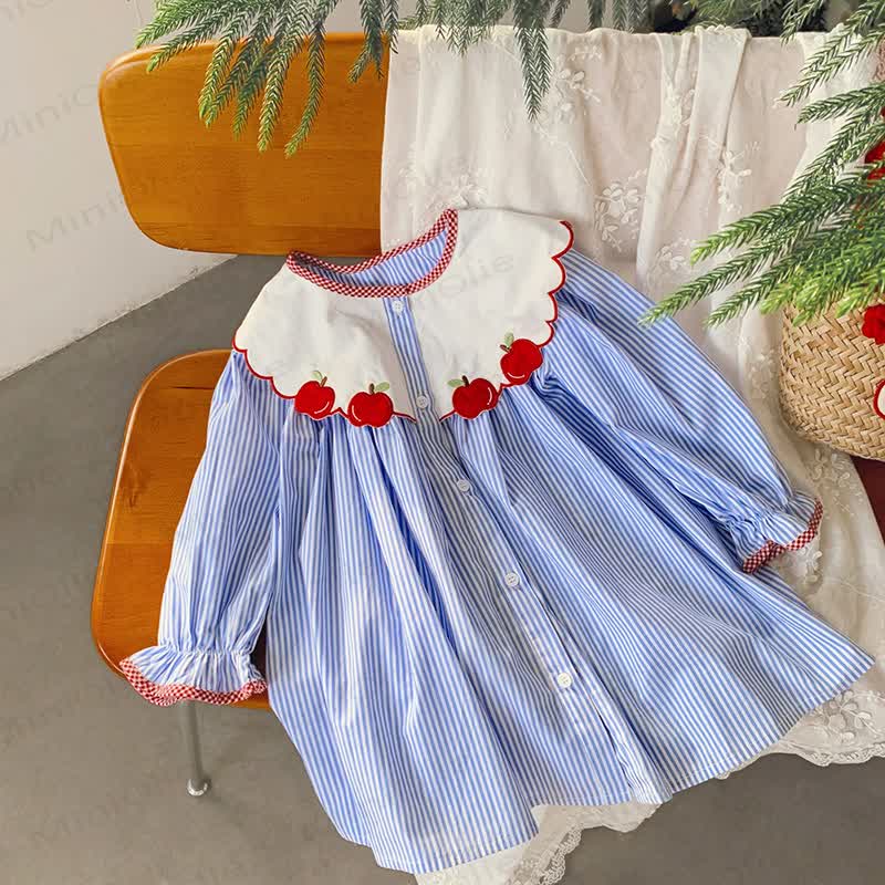 Toddler Girl Blue Stripe Apple Collar Long Sleeve Dress - image 3