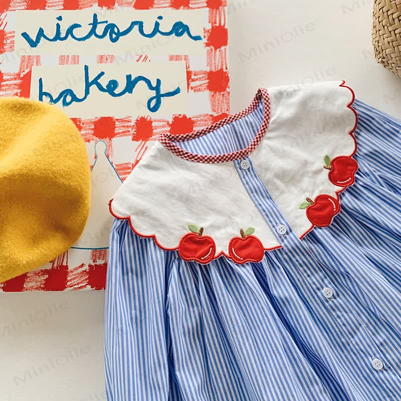 Toddler Girl Blue Stripe Apple Collar Long Sleeve Dress - image 4