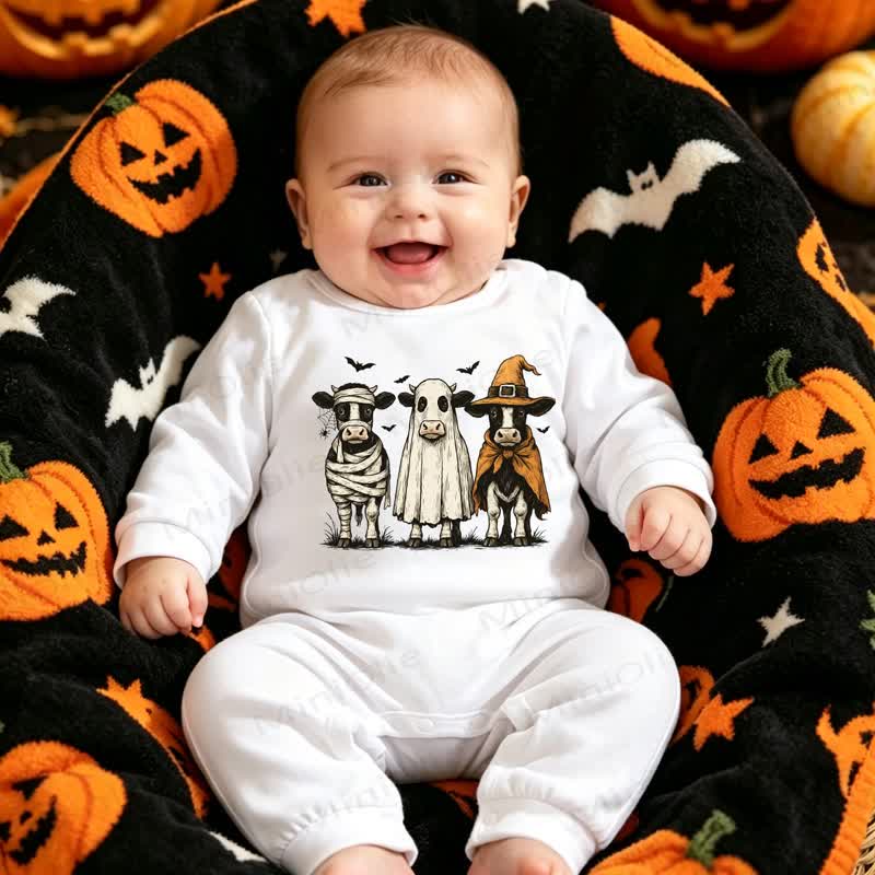 Baby Halloween Soft White Romper - White Cow - 12-18M - image 1