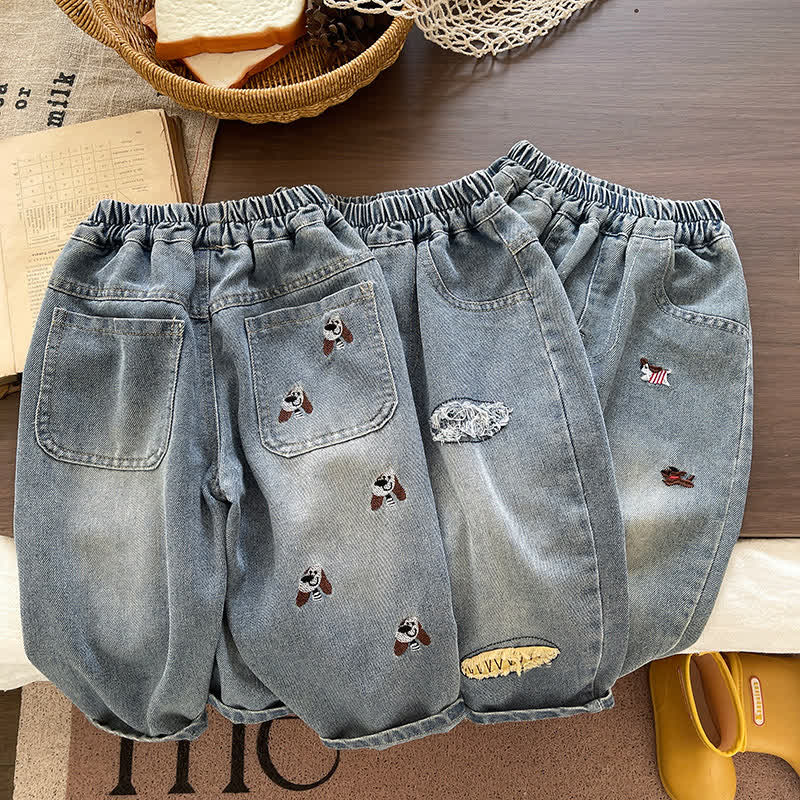 Toddler Baby Puppy Embroidered Washed Denim Pants - image 1