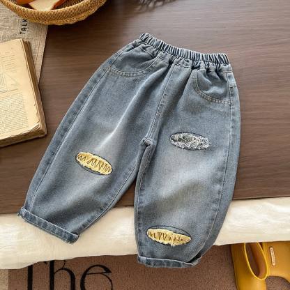 Toddler Baby Puppy Embroidered Washed Denim Pants - Oval - 4-5T - image 3