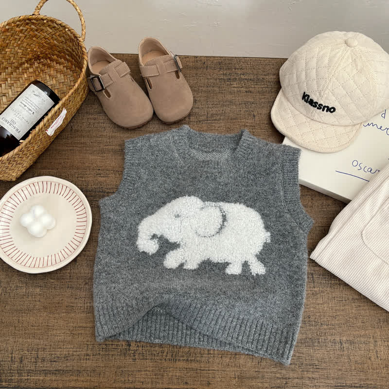 Baby Toddler Elephant Knitted Vest or Beige Tee or Pants - Gray Vest - 4-5T - image 2