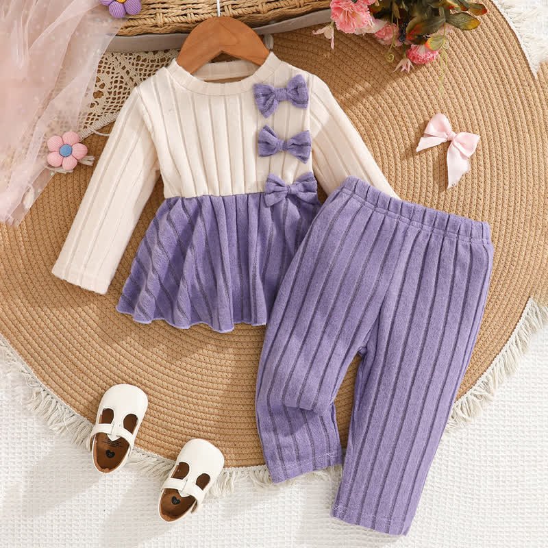 Baby Toddler Bow Long Sleeve Dress and Pants 2-piece Set - Purple - 3Y - image 1