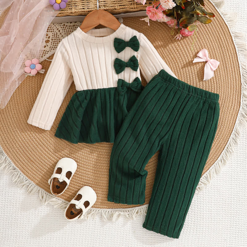 Baby Toddler Bow Long Sleeve Dress and Pants 2-piece Set - Green - 3Y - image 2