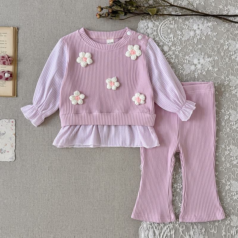 Baby Pink Floral Long Sleeve Peplum and Flared Pants 2-piece Set - Pink - 2-3Y - image 1