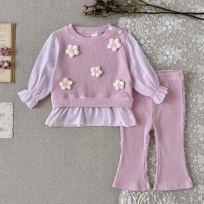 Baby Pink Floral Long Sleeve Peplum and Flared Pants 2-piece Set - Pink - 2-3Y - image 1
