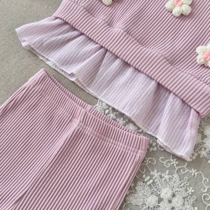 Baby Pink Floral Long Sleeve Peplum and Flared Pants 2-piece Set - image 4