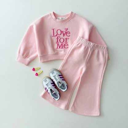 LOVE FOR ME Toddler Girl Cozy Sweatshirt and Flared Pants 2-piece Set - Pink - 6-7T - image 1