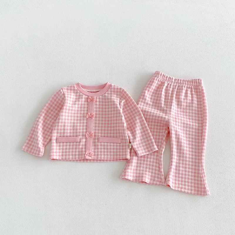 Toddler Baby Girl Gingham Bow Detail Top and Flared Pants 2-piece Set - Pink - 6-7T - image 2