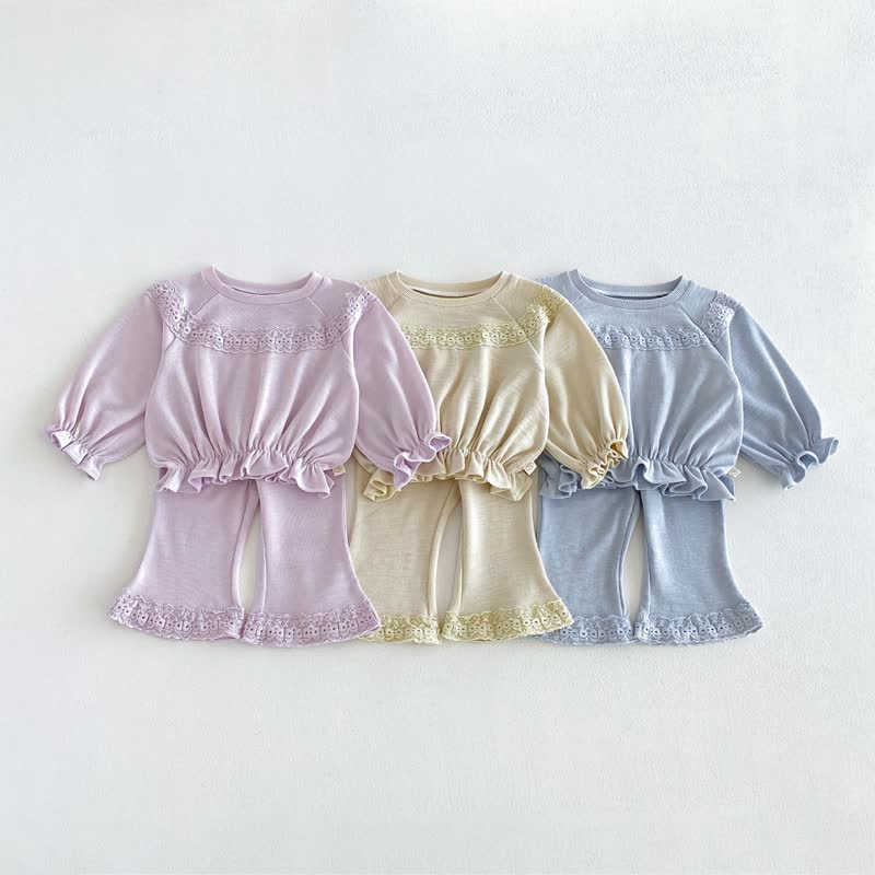 Toddler Baby Solid Color Ruffle Hem Top and Flared Pants 2-piece Set - image 1