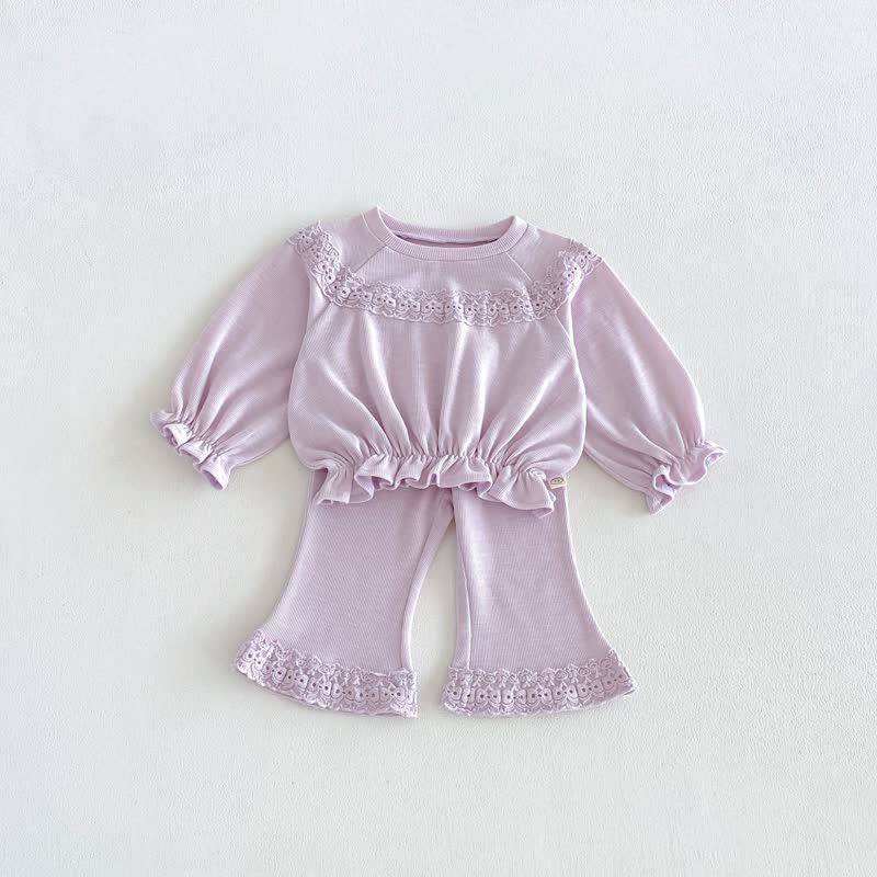 Toddler Baby Solid Color Ruffle Hem Top and Flared Pants 2-piece Set - Purple - 6-7T - image 2