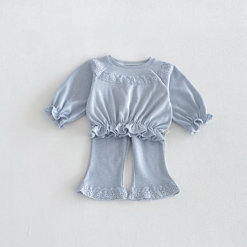 Toddler Baby Solid Color Ruffle Hem Top and Flared Pants 2-piece Set - Blue - 6-7T - image 3