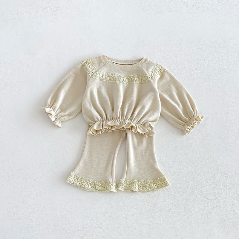 Toddler Baby Solid Color Ruffle Hem Top and Flared Pants 2-piece Set - Beige - 6-7T - image 4