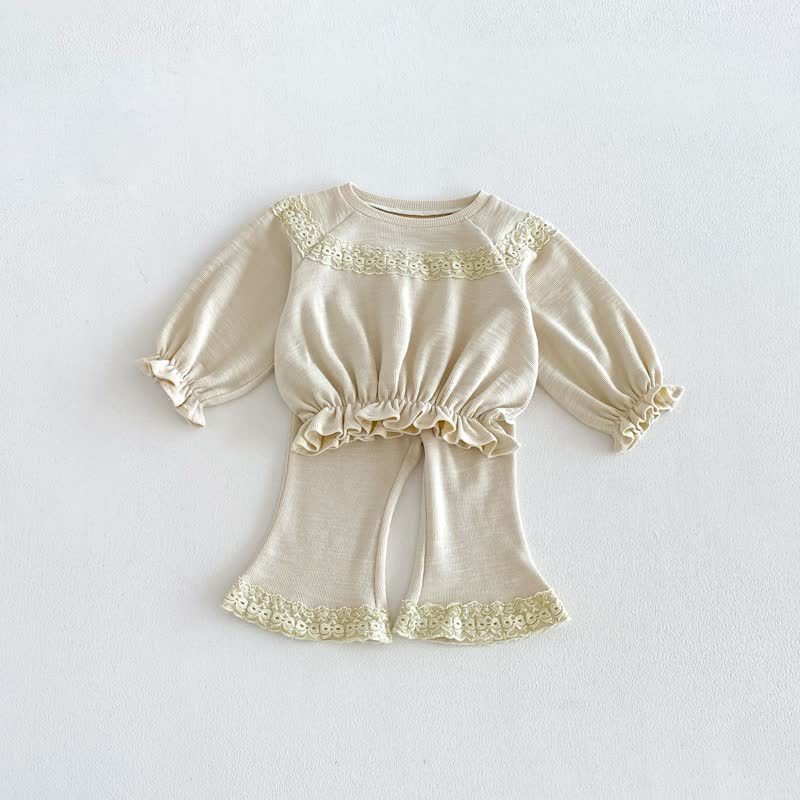 Toddler Baby Solid Color Ruffle Hem Top and Flared Pants 2-piece Set - Beige - 6-7T - image 4