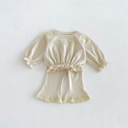 Toddler Baby Solid Color Ruffle Hem Top and Flared Pants 2-piece Set - Beige - 6-7T - image 4