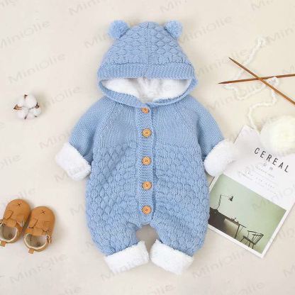Baby Bear Ear Hooded Fleece Knit Romper - Blue Fleece - 18-24M - image 9