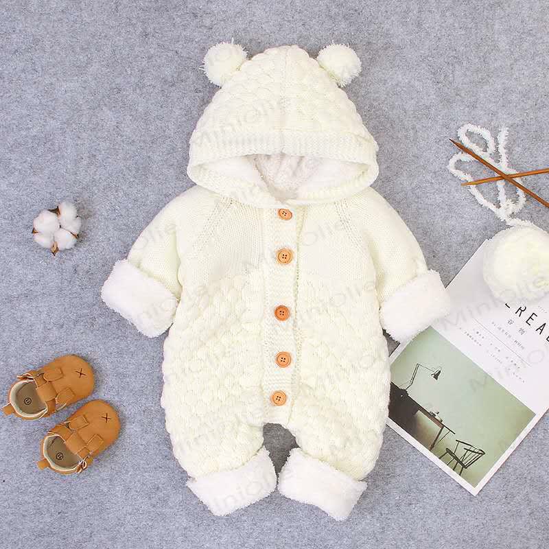 Baby Bear Ear Hooded Fleece Knit Romper - Beige Fleece - 18-24M - image 10