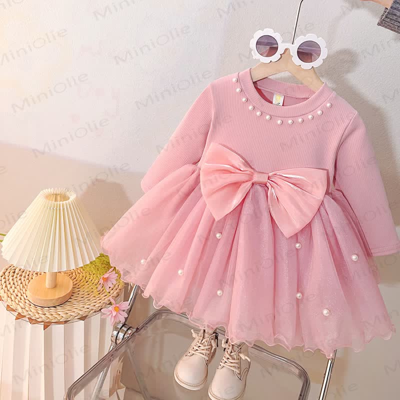 Baby Girl Pearl Bow Tulle Dress - Pink - 4-5T - image 2