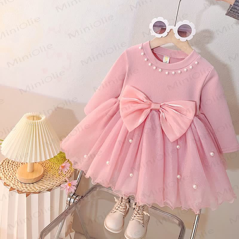 Baby Girl Pearl Bow Tulle Dress - Pink - 4-5T - image 2