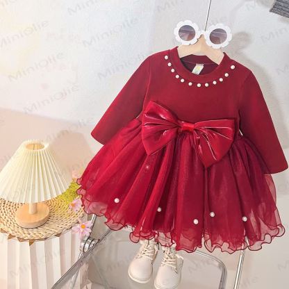 Baby Girl Pearl Bow Tulle Dress - Red - 4-5T - image 3