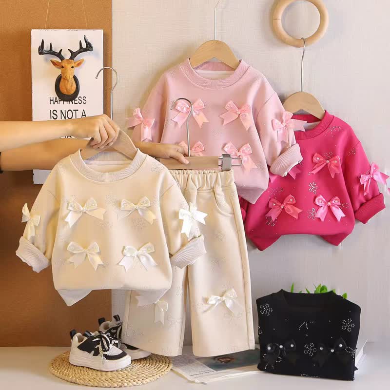 Toddler Girl Solid Color Bows Top and Pants 2-piece Set - image 1