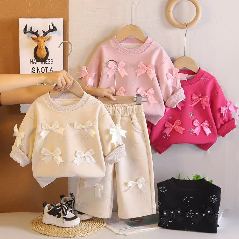 Toddler Girl Solid Color Bows Top and Pants 2-piece Set - image 1