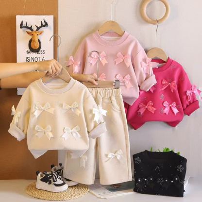 Toddler Girl Solid Color Bows Top and Pants 2-piece Set - image 1