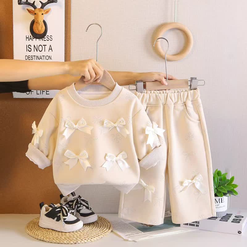 Toddler Girl Solid Color Bows Top and Pants 2-piece Set - Beige - 4-5T - image 2
